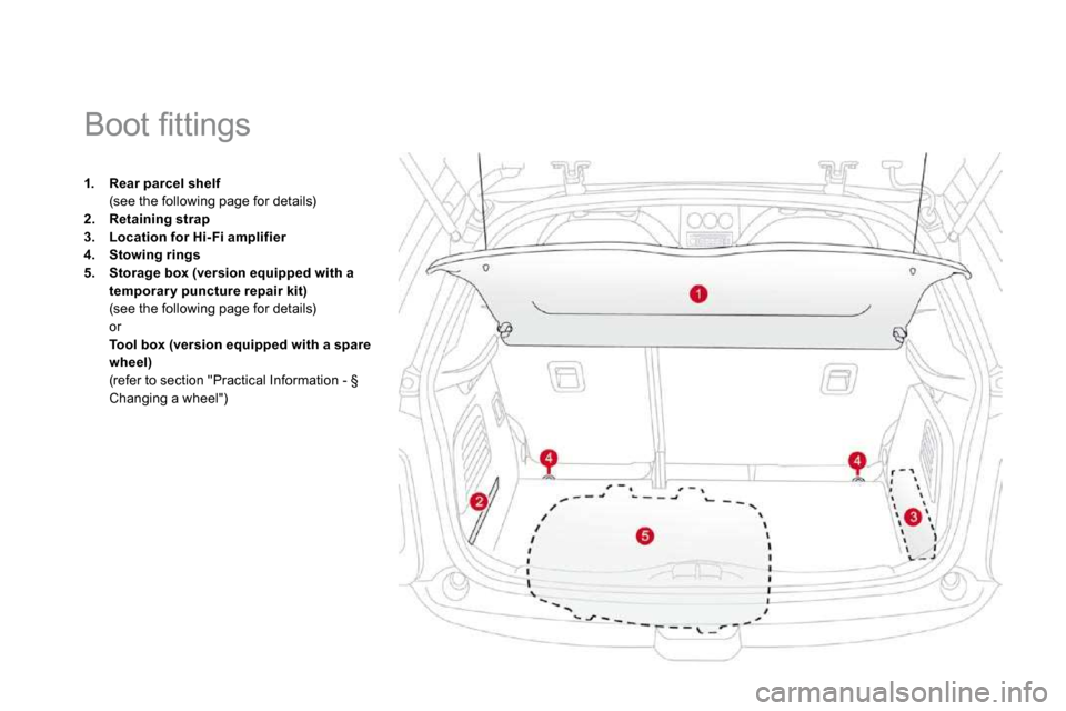 Citroen DS3 2010 1.G Owners Manual 1.    Rear parcel shelf  (see the following page for details) 2.    Retaining strap3.    Location for Hi- Fi amplifier4.    Stowing rings5.    Storage box (version equipped with a temporar y puncture 