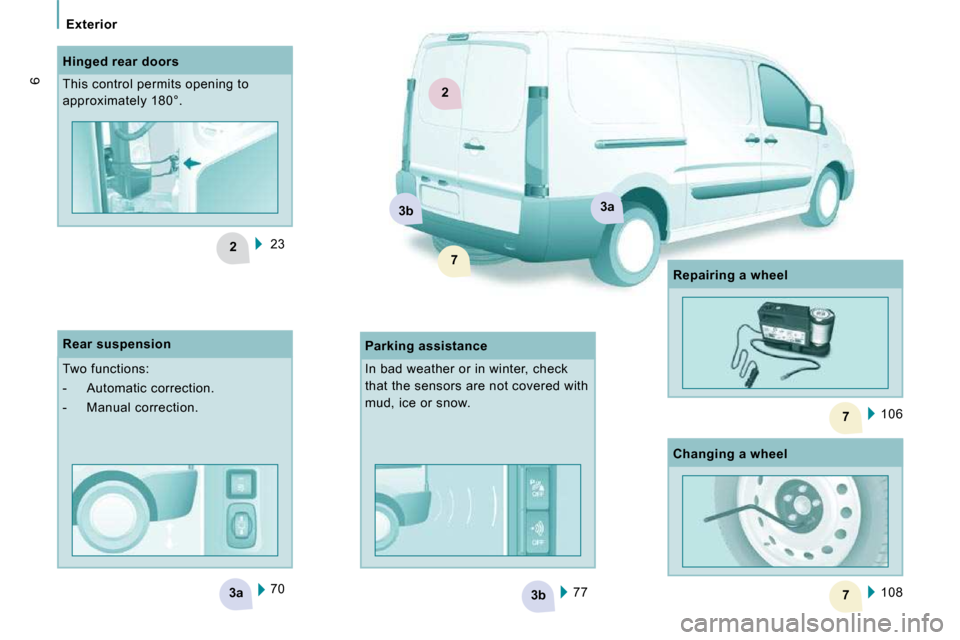 Citroen JUMPY DAG 2010 2.G Owners Manual 3b3a
2
7
7
2
3a3b
7
   Exterior   
6
 77  
 70  
  Hinged rear doors  
 This control permits opening to  
approximately 180°. 
  Parking assistance 
  Rear suspension  
 Two functions:  
   -   Autom