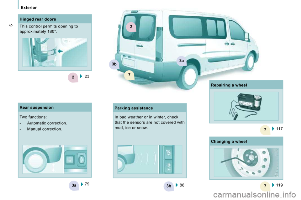 Citroen JUMPY MULTISPACE 2010 2.G Owners Manual 3b3a
2
7
7
2
3a3b
7
Exterior
6
 86  
 79  
  Hinged rear doors  
 This control permits opening to  
approximately 180°. 
  Parking assistance 
  Rear suspension  
 Two functions:  
   -   Automatic c