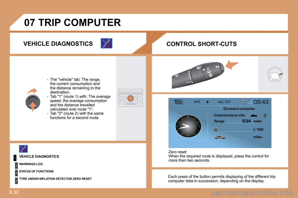 Citroen JUMPY MULTISPACE 2010 2.G Owners Manual 9.32 
�0�7
1
2
2
2
126 3
9
 Each press of the button permits displaying of the  different trip computer data in succession, depending on the displ ay.   
 Zero reset  When the required route is displa