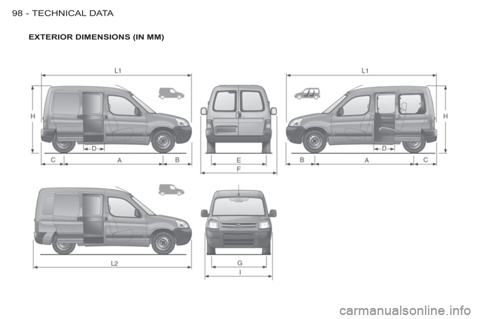 Citroen BERLINGO FIRST 2011.5 1.G Owners Manual TECHNICAL DATA
98 -
  EXTERIOR DIMENSIONS (IN MM)  