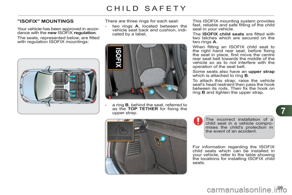 Citroen C3 RHD 2011.5 2.G Owners Manual 7
99
CHILD SAFETY
"ISOFIX" MOUNTINGS
  Your vehicle has been approved in accor-
dance with the  new  
ISOFIX  regulation 
. 
  The seats, represented below, are ﬁ tted 
with regulation ISOFIX mounti