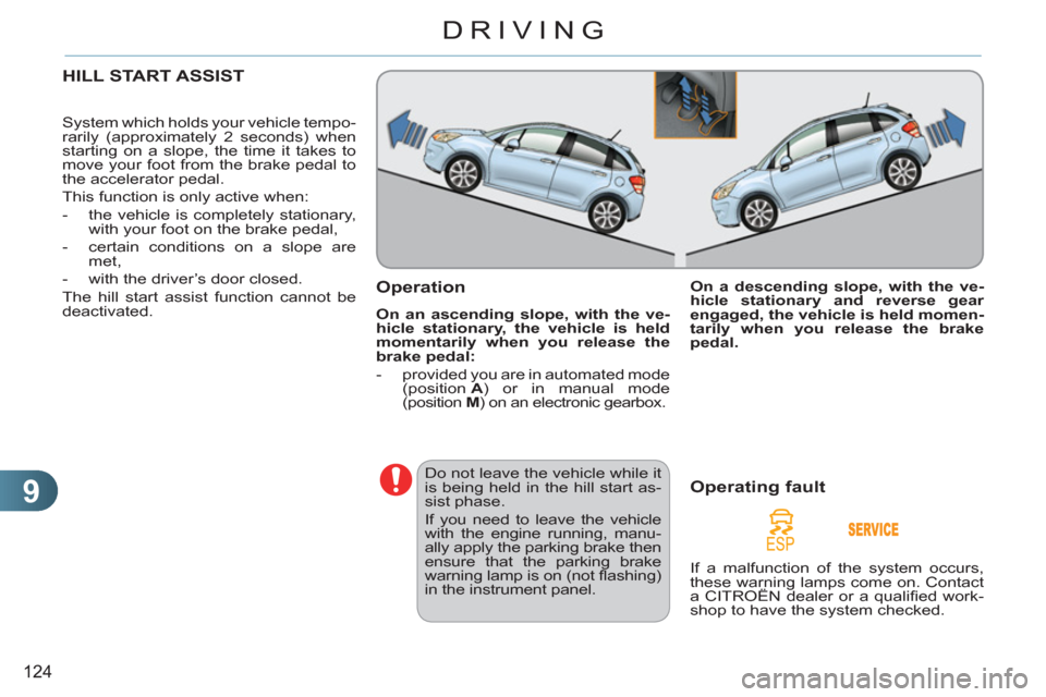 Citroen C3 RHD 2011.5 2.G Service Manual 9
124
DRIVING
HILL START ASSIST
  System which holds your vehicle tempo-
rarily (approximately 2 seconds) when 
starting on a slope, the time it takes to 
move your foot from the brake pedal to 
the a