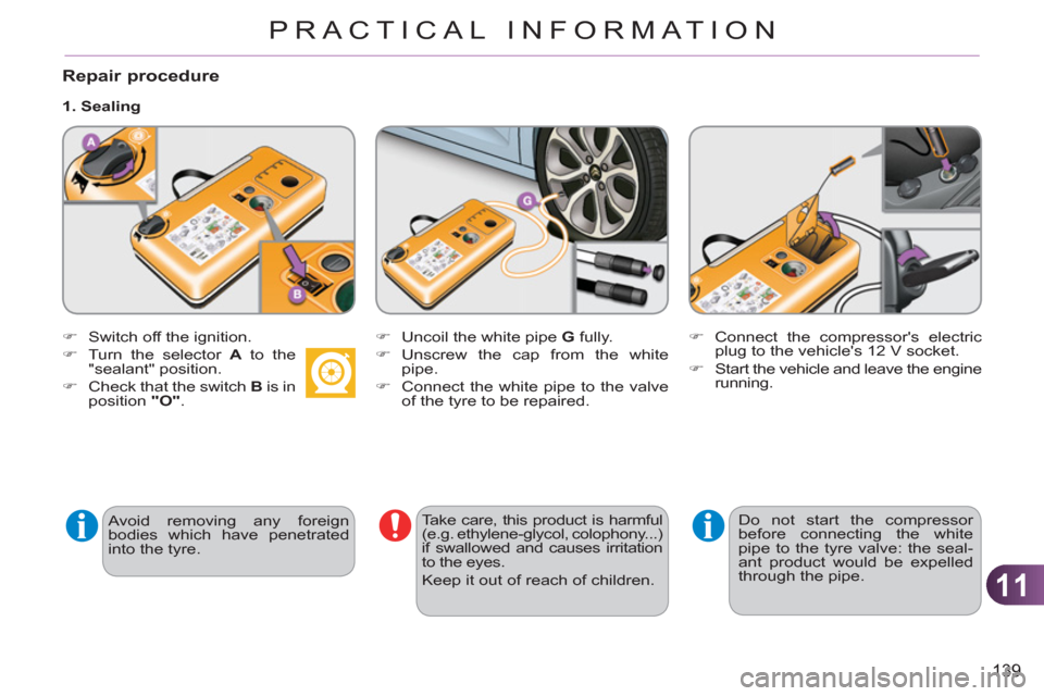 Citroen C3 RHD 2011.5 2.G Owners Manual 11
139
PRACTICAL INFORMATION
   
Avoid removing any foreign 
bodies which have penetrated 
into the tyre.  
 
 
Repair procedure 
 
 
 
�) 
  Switch off the ignition. 
   
�) 
  Turn the selector  A 
