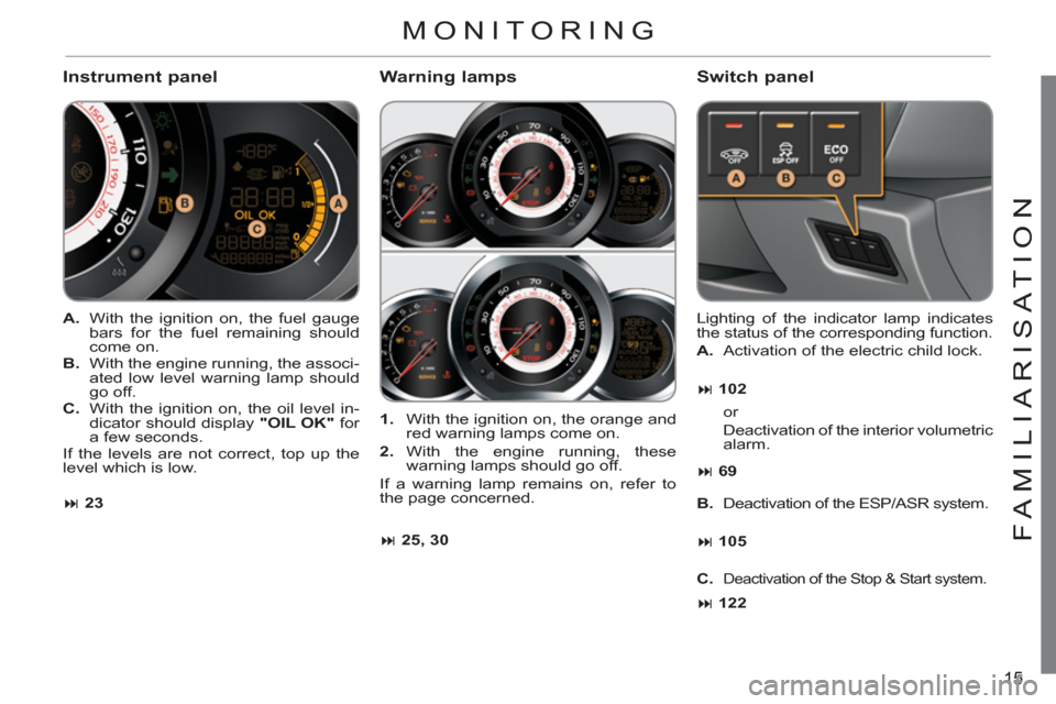 Citroen C3 RHD 2011.5 2.G User Guide 15
FAMILIARI
S
AT I
ON
   Instrument panel
 
 
 
A. 
  With the ignition on, the fuel gauge 
bars for the fuel remaining should 
come on. 
   
B. 
  With the engine running, the associ-
ated low level