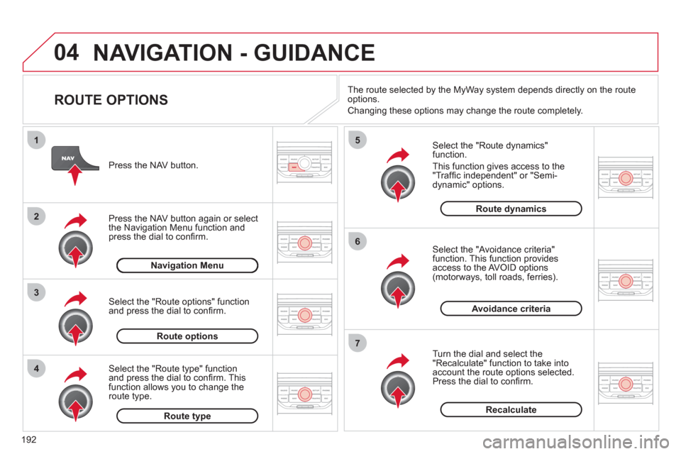Citroen C3 RHD 2011.5 2.G Owners Manual 192
04
4
3
2
1
7
6
5
NAVIGATION - GUIDANCE
ROUTE OPTIONS
Select the "Route dynamics"function.
This
function gives access to the "Traffi c independent" or "Semi-
dynamic" options.
Sel Citroen C3 RHD 2011.5 2.G Owners Manual 192
04
4
3
2
1
7
6
5
NAVIGATION - GUIDANCE
ROUTE OPTIONS
Select the "Route dynamics"function.
This
function gives access to the "Traffi c independent" or "Semi-
dynamic" options.
Sel