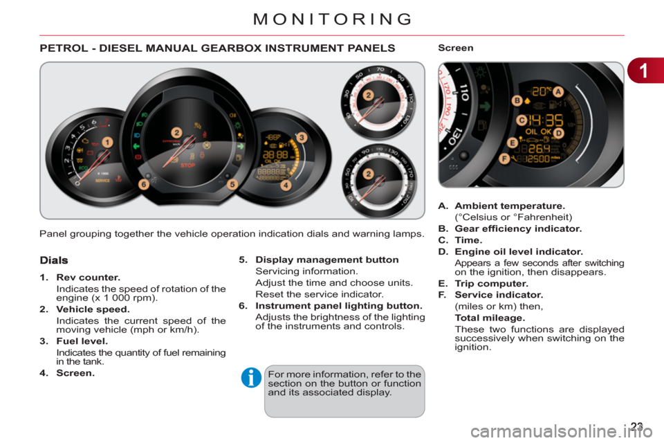 Citroen C3 RHD 2011.5 2.G Owners Manual 1
MONITORING
Panel grouping together the vehicle operation indication dials and warning lamps.
PETROL - DIESEL MANUAL GEARBOX INSTRUMENT PANELS
5.
Display management button
Servicing Citroen C3 RHD 2011.5 2.G Owners Manual 1
MONITORING
Panel grouping together the vehicle operation indication dials and warning lamps.
PETROL - DIESEL MANUAL GEARBOX INSTRUMENT PANELS
5.
Display management button
Servicing