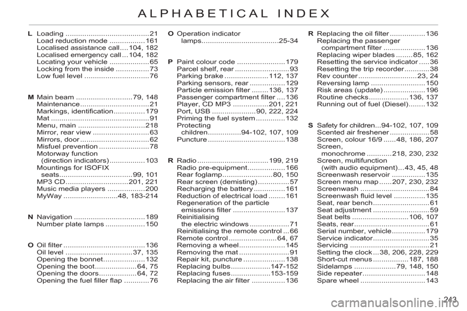 Citroen C3 RHD 2011.5 2.G Owners Manual 243
ALPHABETICAL INDEX
R  Replacing the oil filter ................. 136
  Replacing the passenger 
compartment filter .................... 136
  Replacing wiper blades ........ 85, 162
  Resetting th