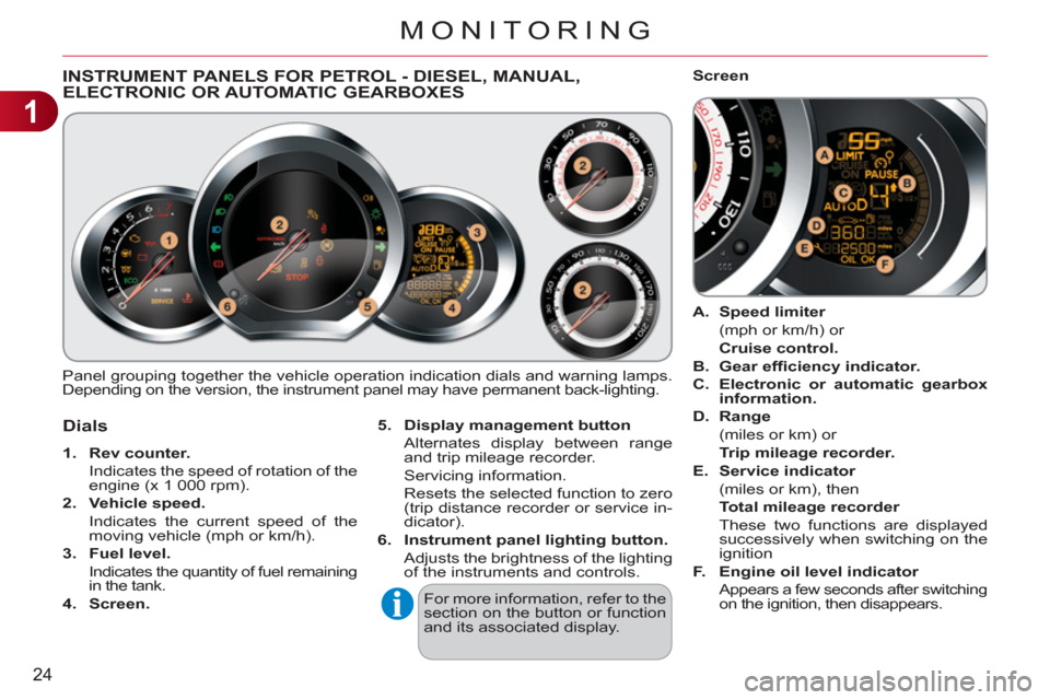 Citroen C3 RHD 2011.5 2.G User Guide 1
24
MONITORING
INSTRUMENT PANELS FOR PETROL - DIESEL, MANUAL, ELECTRONIC OR AUTOMATIC GEARBOXES 
  Panel grouping together the vehicle operation indication dials and warning lamps. 
Depending on the 