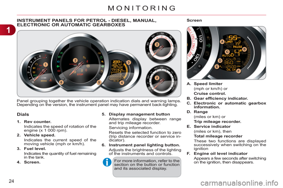 Citroen C3 RHD 2011.5 2.G Owners Manual 1
24
MONITORING
INSTRUMENT PANELS FOR PETROL - DIESEL, MANUAL, ELECTRONIC OR AUTOMATIC GEARBOXES 
  Panel grouping together the vehicle operation indication dials and warning lamps. 
Depending on the 