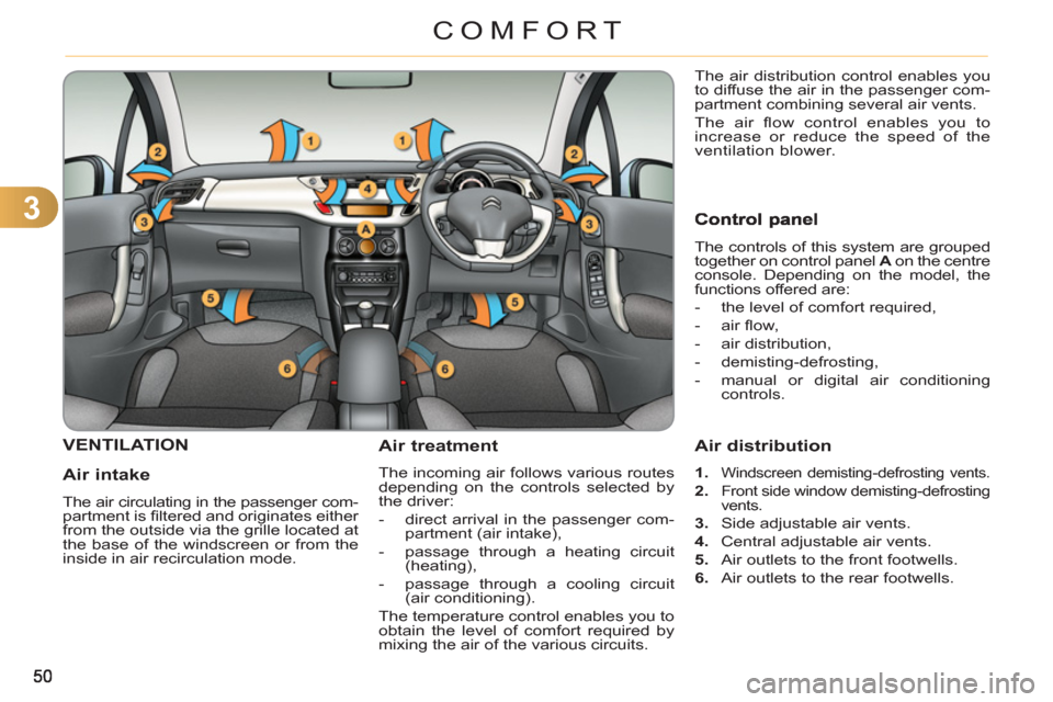 Citroen C3 RHD 2011.5 2.G Workshop Manual 3
COMFORT
VENTILATION 
   
Air intake 
 
The air circulating in the passenger com-
partment is ﬁ ltered and originates either 
from the outside via the grille located at 
the base of the windscreen 