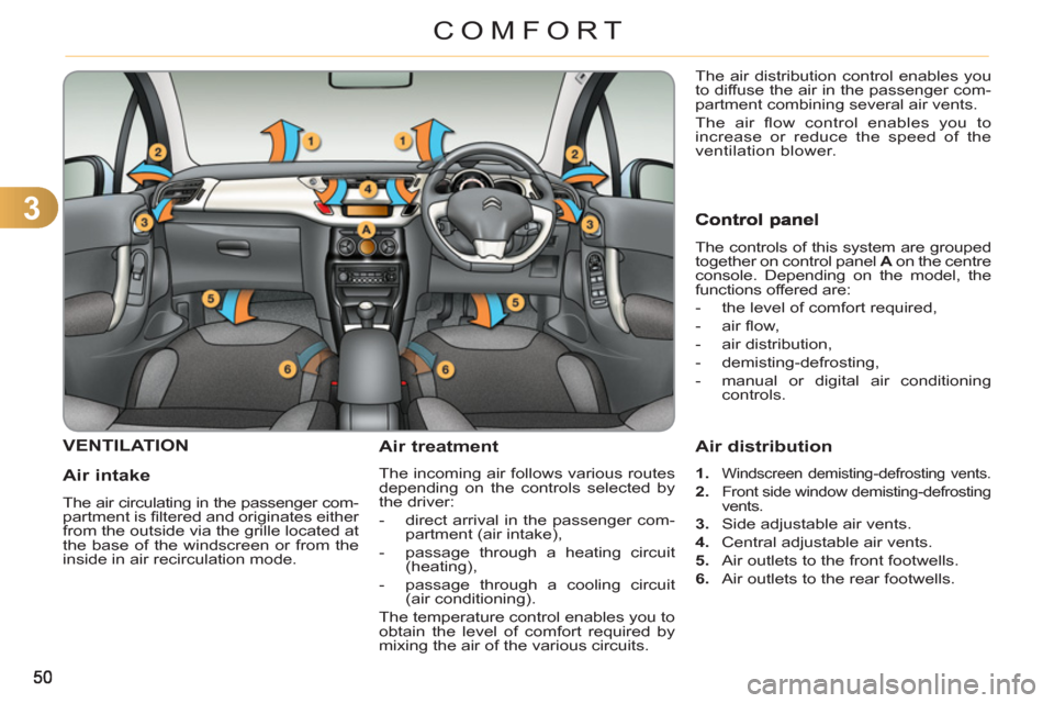 Citroen C3 RHD 2011.5 2.G Owners Manual 3
COMFORT
VENTILATION 
   
Air intake 
 
The air circulating in the passenger com-
partment is ﬁ ltered and originates either 
from the outside via the grille located at 
the base of the windscreen 