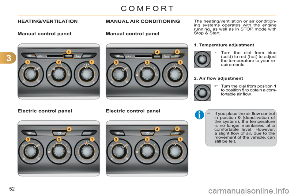 Citroen C3 RHD 2011.5 2.G Owners Guide 3
52
COMFORT
  HEATING/VENTILATION MANUAL AIR CONDITIONING 
 
 
 
 
 
 
 
 
 
 
 
 
 
 
 
 
The heating/ventilation or air condition-
ing systems operates with the engine 
running, as well as in STOP 