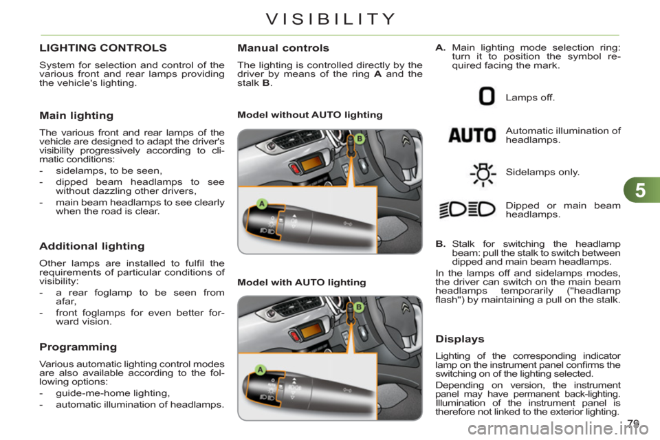 Citroen C3 RHD 2011.5 2.G Owners Manual 5
79
VISIBILITY
LIGHTING CONTROLS
  System for selection and control of the 
various front and rear lamps providing 
the vehicles lighting. 
   
Main lighting 
 
The various front and rear lamps of t