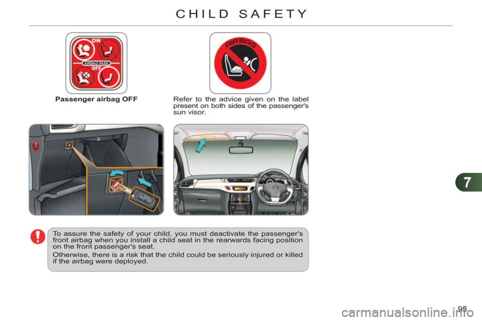 Citroen C3 RHD 2011.5 2.G Owners Manual 7
95
CHILD SAFETY
   
 
Passenger airbag OFF   
 
Refer to the advice given on the label 
present on both sides of the passengers 
sun visor.  
   
To assure the safety of your child, you must deacti