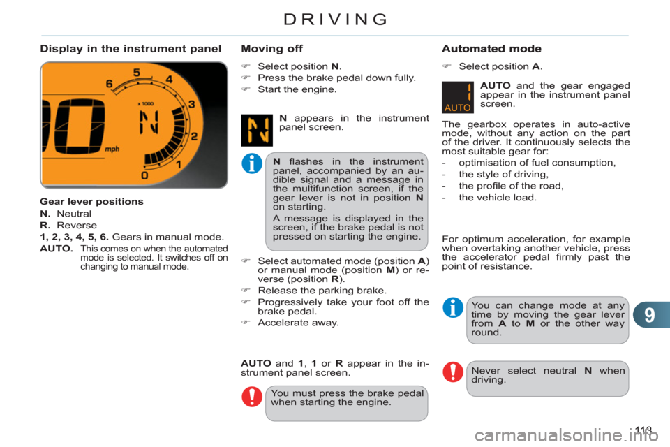 Citroen C3 PICASSO RHD 2011.5 1.G Owners Manual 9
113
DRIVING
   
Display in the instrument panel
 
 
Gear lever positions 
   
N. 
 Neutral 
   
R. 
 Reverse 
   
1, 2, 3, 4, 5, 6. 
 Gears in manual mode. 
   
AUTO. 
  
This comes on when the auto