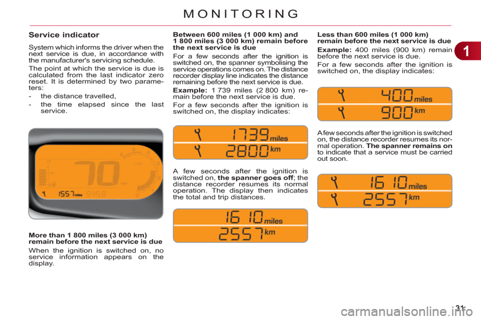 Citroen C3 PICASSO RHD 2011.5 1.G Owners Manual 1
MONITORING
Service indicator 
  System which informs the driver when the 
next service is due, in accordance with 
the manufacturers servicing schedule. 
  The point at which the service is due is 