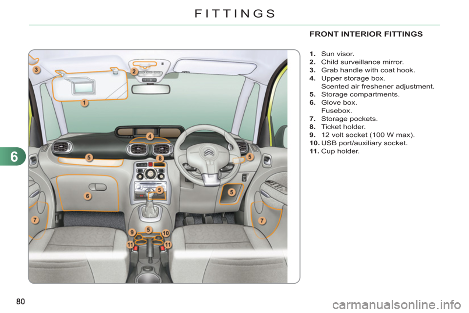 Citroen C3 PICASSO RHD 2011.5 1.G Owners Manual 6
FITTINGS
FRONT INTERIOR FITTINGS
   
 
 
1. 
 Sun visor. 
   
2. 
  Child surveillance mirror. 
   
3. 
  Grab handle with coat hook. 
   
4. 
  Upper storage box.  
  Scented air freshener adjustme