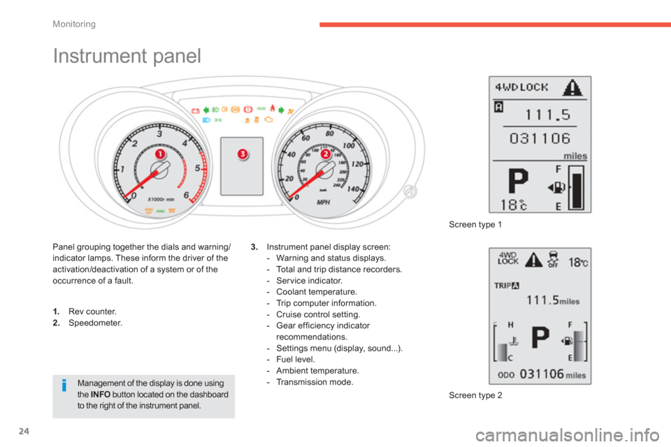 Citroen C4 AIRCROSS RHD 2011.5 1.G Owners Guide 24
Monitoring
Instrument panel
1.
Rev counter. 2.
Speedometer.
Screen t
ype 2
3.
Instrument panel display screen:
- Warning and status displays. Citroen C4 AIRCROSS RHD 2011.5 1.G Owners Guide 24
Monitoring
Instrument panel
1.
Rev counter. 2.
Speedometer.
Screen t
ype 2
3.
Instrument panel display screen:
- Warning and status displays.