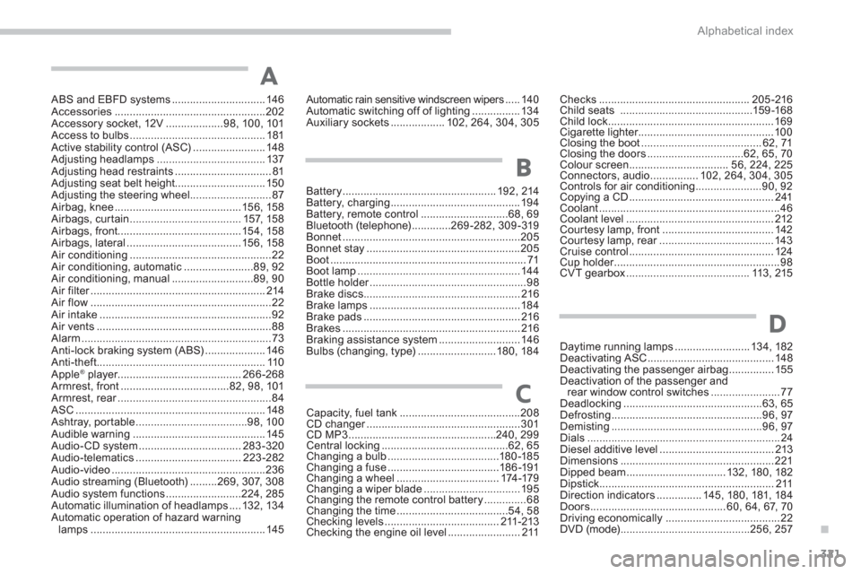 Citroen C4 AIRCROSS RHD 2011.5 1.G Owners Guide .
321 Alphabetical index
ABS and EBFD systems ...............................146Accessories..................................................202Accessory socket, 12V ...................98, 100,101Acce