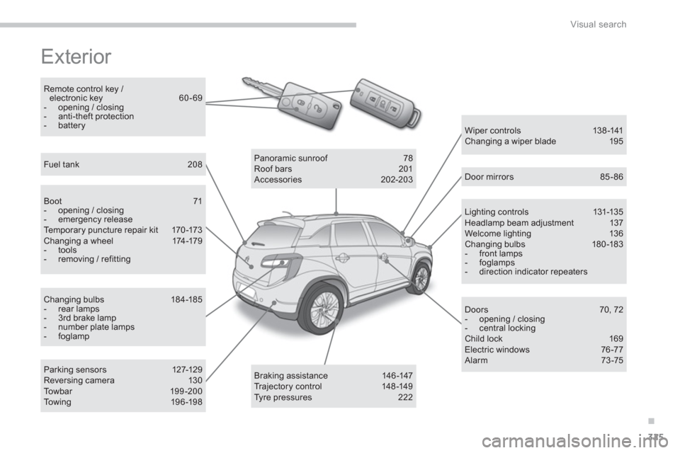 Citroen C4 AIRCROSS RHD 2011.5 1.G Owners Manual .
325
Visual search
  Exterior  
Lighting controls  131-135 Headlamp beam adjustment 137 Welcome lighting 13 6 Changing bulbs  180 -183 -  front lamps -  foglamps-   direction indicator repeaters
Wipe