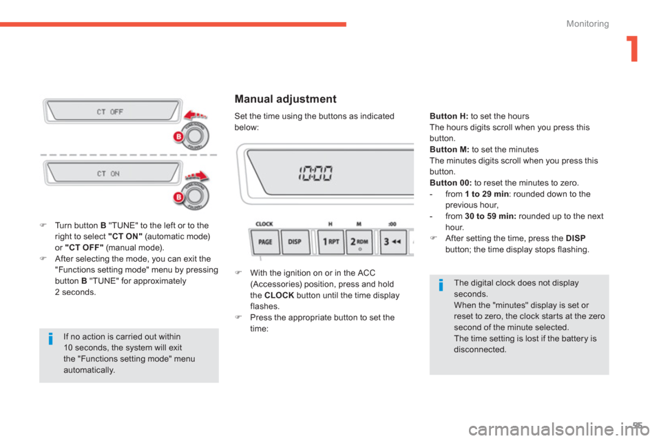 Citroen C4 AIRCROSS RHD 2011.5 1.G Owners Manual 1
55
Monitoring
  If no action is carried out within 10 seconds, the system will exit the "Functions setting mode" menuautomatically.
�)Turn button B 
 "TUNE" to the left or to theright to select "CT 