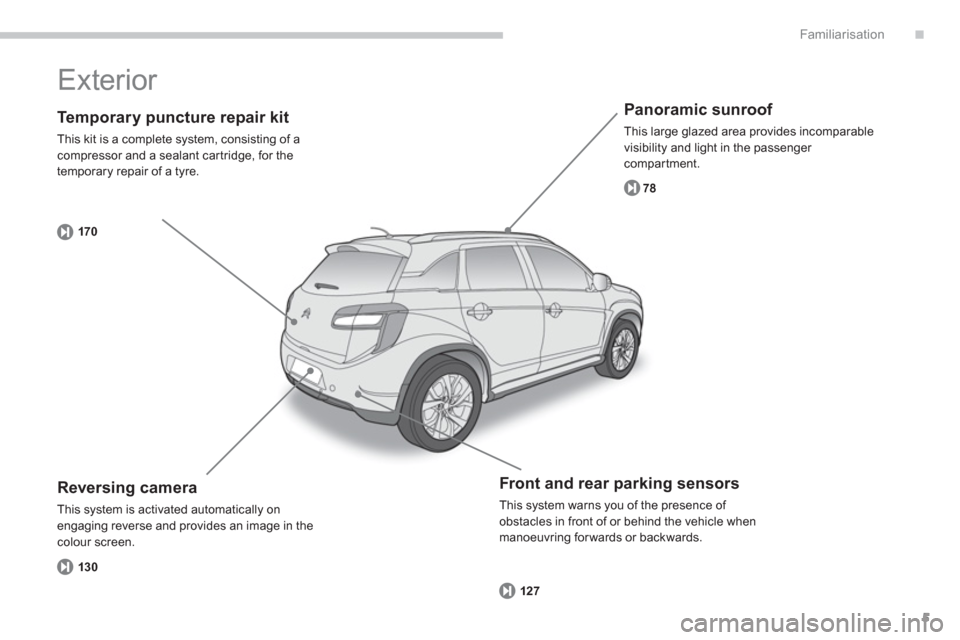 Citroen C4 AIRCROSS RHD 2011.5 1.G Owners Manual .
5
Familiarisation
   
Te m p o r a ry puncture repair kit
 
This kit is a complete system, consisting of acompressor and a sealant car tridge, for the 
temporary repair of a tyre.
170
   
Panoramic 