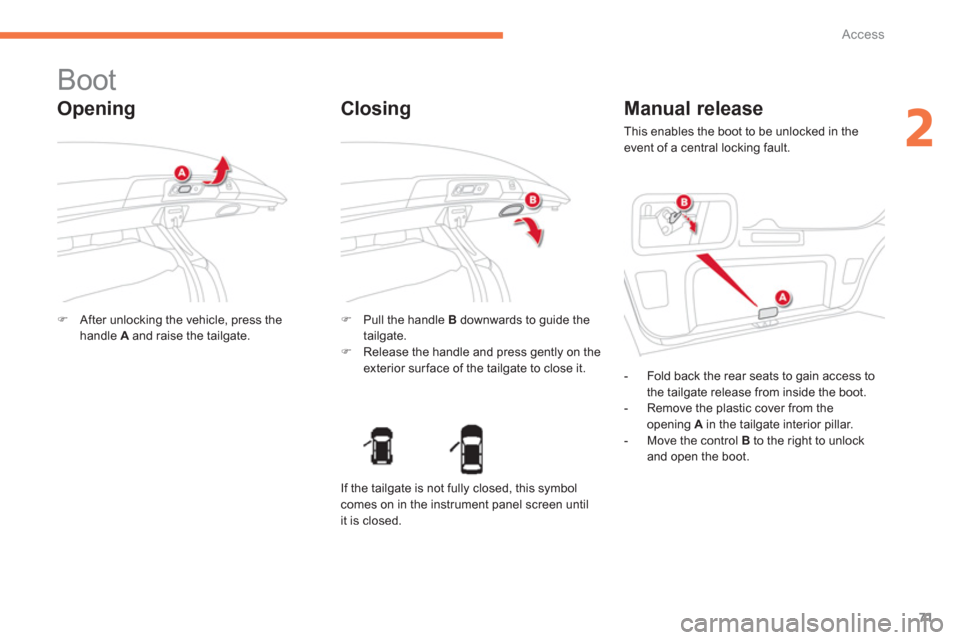 Citroen C4 AIRCROSS RHD 2011.5 1.G Owners Manual 71
2
Access
   
 
 
 
 
 
 
 
 
 
 
Boot 
 
 
Opening 
�)After unlocking the vehicle, press the handle  Aand raise the tailgate.  
 �) 
 Pull the handle  Bdownwards to guide the
tailgate. �)   Release