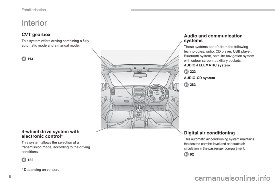 Citroen C4 AIRCROSS RHD 2011.5 1.G Owners Manual 8
Familiarisation
  Interior  
4-wheel drive system with
electronic control *
This system allows the selection of a
transmission mode, according to the drivingconditions.
CVT gearbox
This system offer