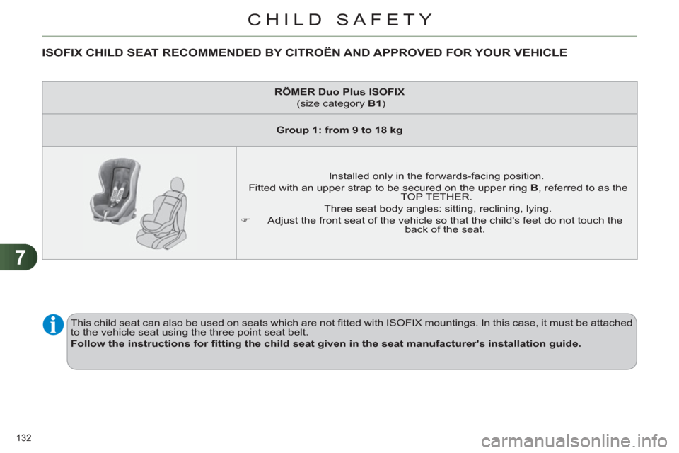 Citroen C4 DAG 2011.5 2.G Owners Manual 7
CHILD SAFETY
132 
   
 
 
 
 
 
 
 
 
 
 
 
ISOFIX CHILD SEAT RECOMMENDED BY CITROËN AND APPROVED FOR YOUR VEHICLE 
 
 
 
RÖMER 
  Duo Plus ISOFIX 
   
 (size category  B1 
)  
   
 
Group 1: from