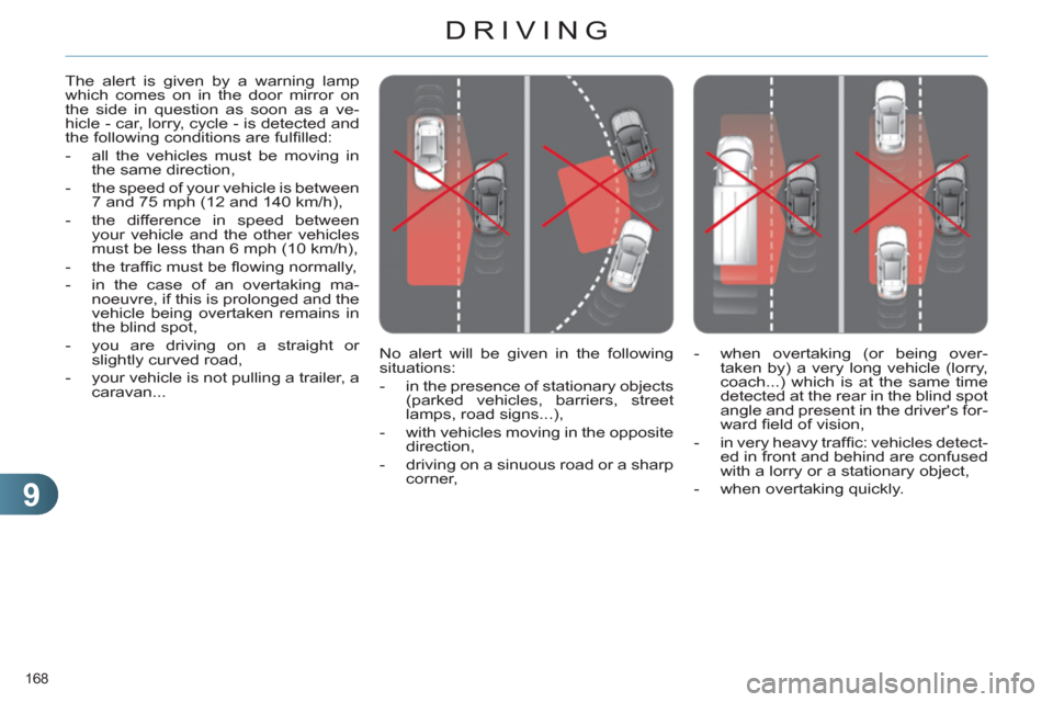 Citroen C4 DAG 2011.5 2.G Owners Manual 9
DRIVING
168 
   
No alert will be given in the following 
situations: 
   
 
-   in the presence of stationary objects 
(parked vehicles, barriers, street 
lamps, road signs...), 
   
-   with vehic