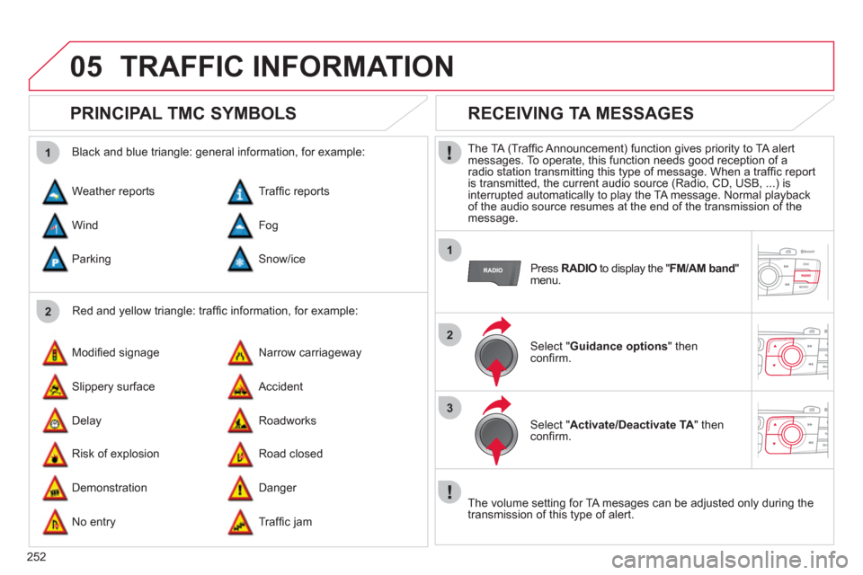 Citroen C4 DAG 2011.5 2.G Manual Online 252
05
2 1
1
2
3
  TRAFFIC INFORMATION 
 
 
 
 
 
 
 
PRINCIPAL TMC SYMBOLS 
 
 
Red and yellow triangle: trafﬁ c information, for example:     
Black and blue triangle: general information, for exa