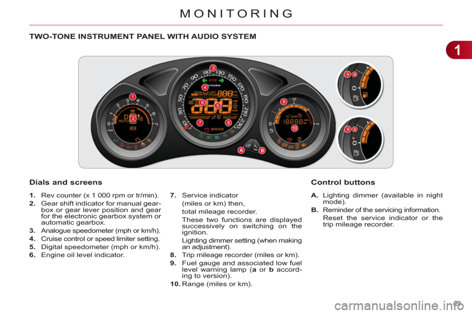 Citroen C4 DAG 2011.5 2.G Owners Manual 1
MONITORING
29 
   
 
 
 
 
 
 
 
 
 
 
 
TWO-TONE INSTRUMENT PANEL WITH AUDIO SYSTEM 
   
Dials and screens 
 
 
 
A. 
  Lighting dimmer (available in night 
mode). 
   
B. 
 
Reminder of the servic