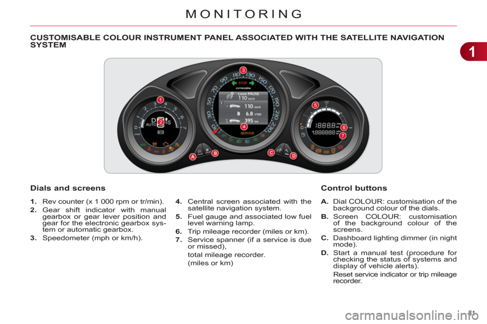 Citroen C4 DAG 2011.5 2.G Owners Manual 1
MONITORING
31
CUSTOMISABLE COLOUR INSTRUMENT PANEL ASSOCIATED WITH THE SATELLITE NAVIGATION
SYSTEM
1.
Rev counter (x 1 000 rpm or tr/min).
2.
Gear Citroen C4 DAG 2011.5 2.G Owners Manual 1
MONITORING
31
CUSTOMISABLE COLOUR INSTRUMENT PANEL ASSOCIATED WITH THE SATELLITE NAVIGATION
SYSTEM
1.
Rev counter (x 1 000 rpm or tr/min).
2.
Gear