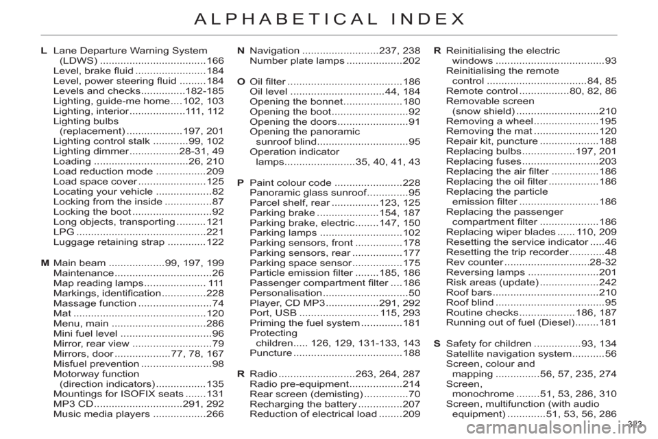 Citroen C4 DAG 2011.5 2.G Owners Manual 323 
ALPHABETICAL INDEX
L  Lane Departure Warning System 
(LDWS) ....................................166
 Level, brake ﬂ uid ........................184
  Level, power steering ﬂ uid .........184
