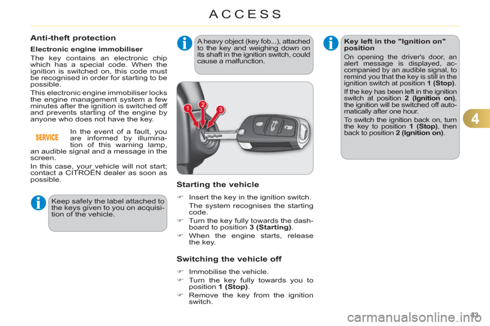 Citroen C4 DAG 2011.5 2.G Owners Guide 4
ACCESS
83 
   
 
 
 
 
 
 
 
 
 
 
 
Anti-theft protection 
 
 
Electronic engine immobiliser 
  The key contains an electronic chip 
which has a special code. When the 
ignition is switched on, thi