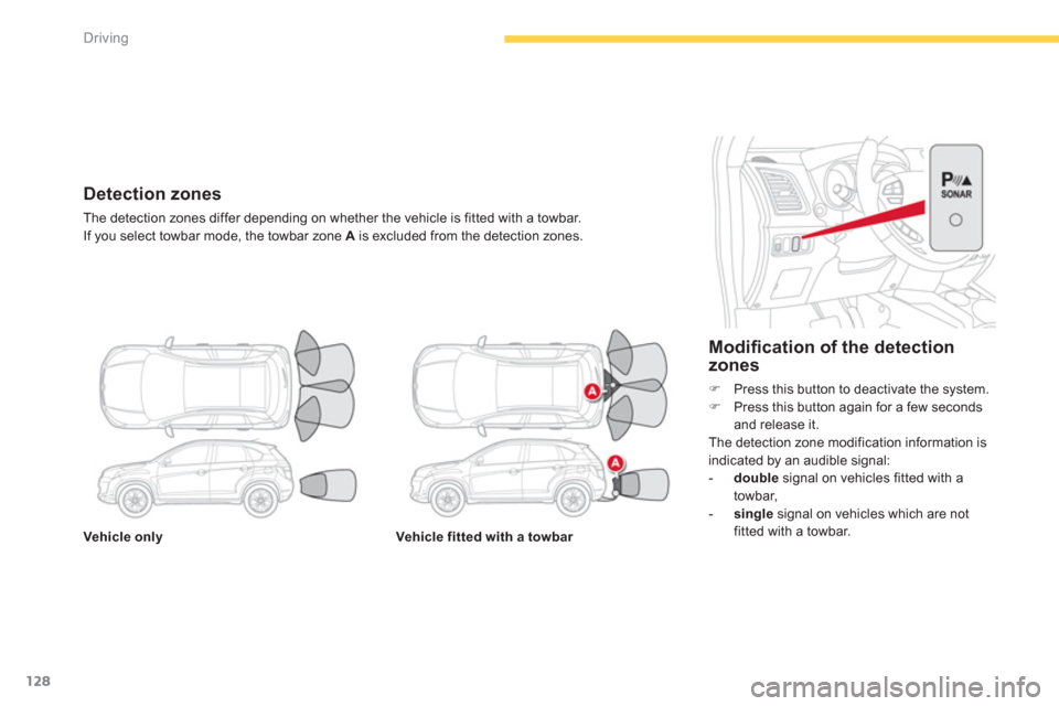 Citroen C4 2011.5 2.G Owners Manual 128
Driving
Vehicle onlyVehicle fitted with a towbar
   
Modiﬁ cation of the detection
zones
�)Press this button to deactivate the system. �)Press this button again for a few secondsand release it. 