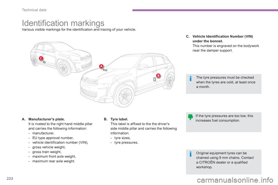 Citroen C4 2011.5 2.G Owners Manual 222
Technical data
   
 
 
 
 
 
 
 
 
 
 
 
 
 
 
 
 
 
 
 
Identiﬁ cation markings Various visible markings for the identification and tracing of your vehicle.
A.Manufacturers plate.It is riveted