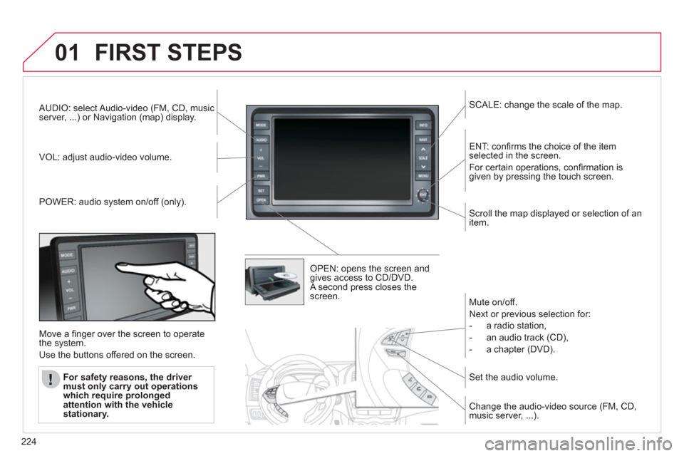 Citroen C4 2011.5 2.G Owners Manual 224
01FIRST STEPS
AUDIO: select Audio-video (FM, CD, musicserver, ...) or Navigation (map) display.
V
OL: adjust audio-video volume.
SCALE: change the scale of the map.
P
OWER: audio system on/off Citroen C4 2011.5 2.G Owners Manual 224
01FIRST STEPS
AUDIO: select Audio-video (FM, CD, musicserver, ...) or Navigation (map) display.
V
OL: adjust audio-video volume.
SCALE: change the scale of the map.
P
OWER: audio system on/off