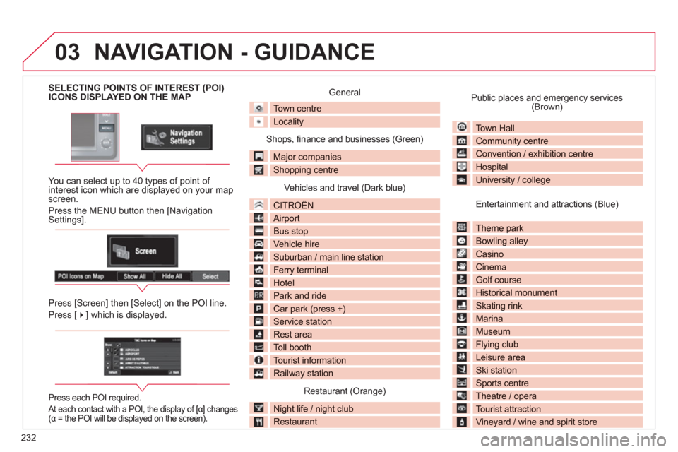 Citroen C4 2011.5 2.G Owners Guide 232
03
SELECTING POINTS OF INTEREST (POI) ICONS DISPLAYED ON THE MAP
   
You can select up to 40 t
ypes of point of interest icon which are displayed on your map screen.
  Press the MENU button then [