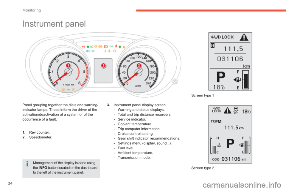 Citroen C4 2011.5 2.G Owners Manual 24
Monitoring
Instrument panel
1.
Rev counter. 2.
Speedometer.
Screen t
ype 2
3.
Instrument panel display screen:
- Warning and status displays. Citroen C4 2011.5 2.G Owners Manual 24
Monitoring
Instrument panel
1.
Rev counter. 2.
Speedometer.
Screen t
ype 2
3.
Instrument panel display screen:
- Warning and status displays.