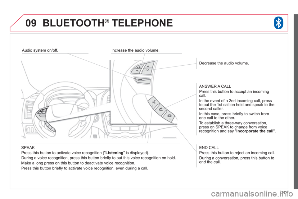 Citroen C4 2011.5 2.G Owners Manual 271
09BLUETOOTH ®   TELEPHONE ®
   SPEAK 
  Press this button to activate voice recognition 
(" Listening 
" is displayed).
  Durin
g a voice recognition, press this button brieﬂ y to put this voi