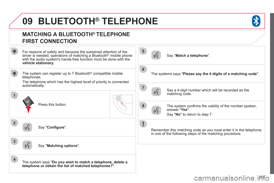 Citroen C4 2011.5 2.G User Guide 275
09
1
3
6
8
2
5
7
4
BLUETOOTH® TELEPHONE®
For reasons of safety and because the sustained attention of the
driver is needed, operations of matching a Bluetooth ®mobile phone
with the audio s Citroen C4 2011.5 2.G User Guide 275
09
1
3
6
8
2
5
7
4
BLUETOOTH® TELEPHONE®
For reasons of safety and because the sustained attention of the
driver is needed, operations of matching a Bluetooth ®mobile phone
with the audio s