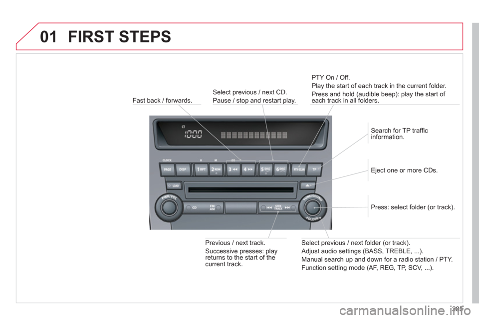 Citroen C4 2011.5 2.G Owners Guide 285
01 FIRST STEPS
Fast back / forwards. PTY
On / Off.
Pla
y the start of each track in the current folder.
Press and hold
(audible beep): play the start of each track in all folders.
Pr
evio Citroen C4 2011.5 2.G Owners Guide 285
01 FIRST STEPS
Fast back / forwards. PTY
On / Off.
Pla
y the start of each track in the current folder.
Press and hold
(audible beep): play the start of each track in all folders.
Pr
evio