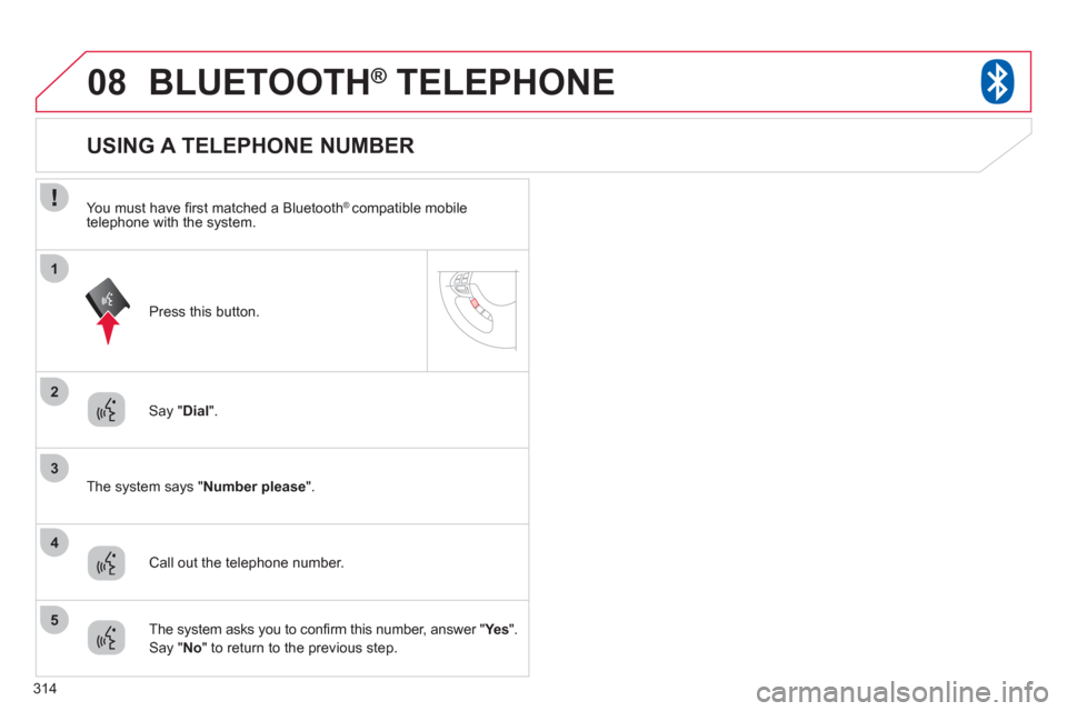 Citroen C4 2011.5 2.G Owners Guide 314
08
2
3
1
4
5
BLUETOOTH® TELEPHONE®
Say "Dial ".
The system says "Number
please
".
USING A TELEPHONE NUMBER
Call out the telephone number. Citroen C4 2011.5 2.G Owners Guide 314
08
2
3
1
4
5
BLUETOOTH® TELEPHONE®
Say "Dial ".
The system says "Number
please
".
USING A TELEPHONE NUMBER
Call out the telephone number.