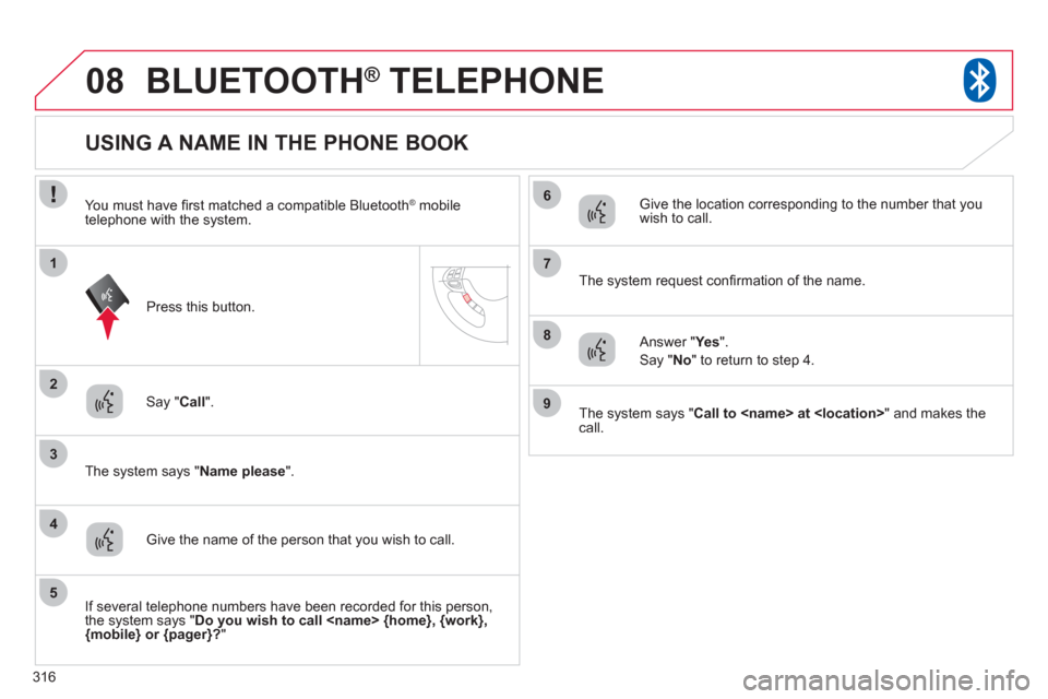 Citroen C4 2011.5 2.G Owners Guide 316
08
2
3
1
4
6
5
7
8
9
BLUETOOTH®   TELEPHONE®
Say "Call 
".  
   
The system says "Name 
please".
 
 
 
 
 
 
 
 
 
 
 
 
 
 
 
 
USING A NAME IN THE PHONE BOOK 
Give the name of the person that 