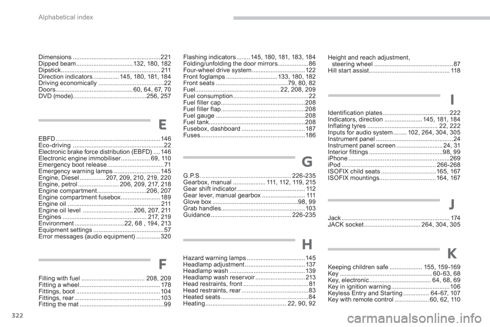 Citroen C4 2011.5 2.G Owners Manual 322
Alphabetical index
Dimensions...................................................221Dipped beam .................................132, 180, 182Dipstick...............................................