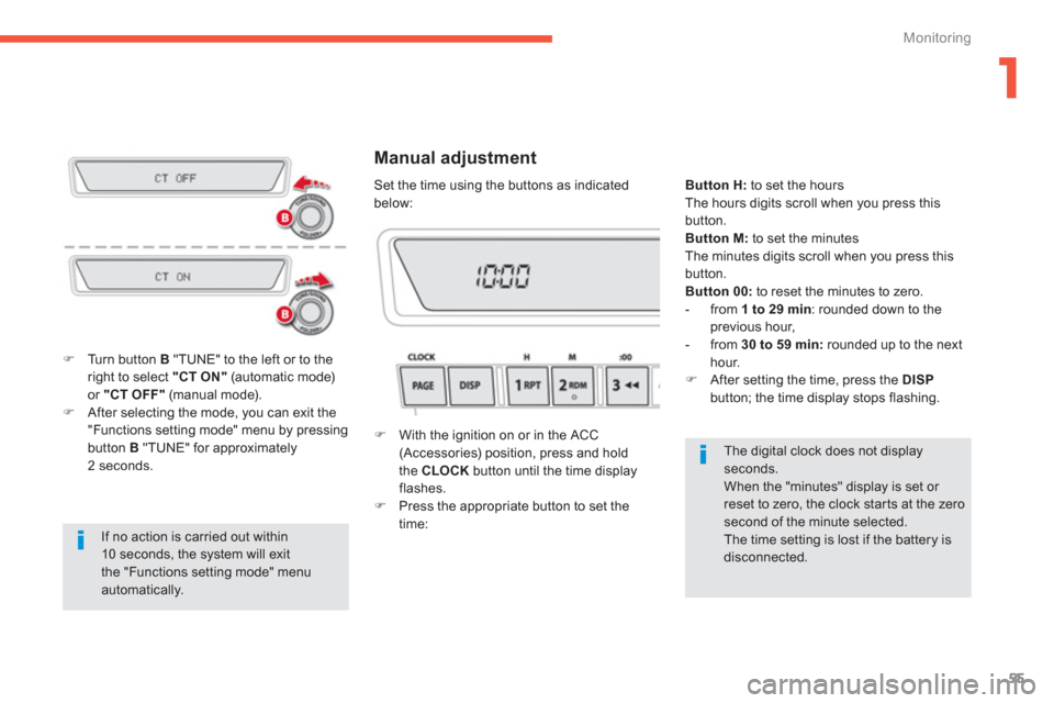 Citroen C4 2011.5 2.G User Guide 1
55
Monitoring
  If no action is carried out within 10 seconds, the system will exit the "Functions setting mode" menuautomatically.
�)Turn button B 
 "TUNE" to the left or to theright to select "CT 