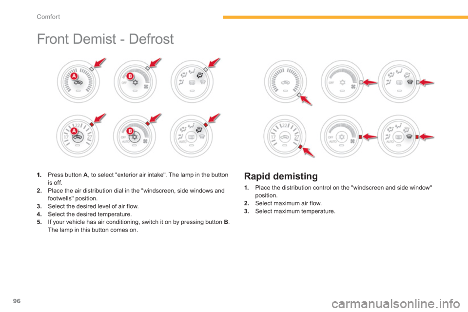 Citroen C4 2011.5 2.G Owners Manual 96
Comfort
  Front Demist - Defrost  
 
 
 Press button  A, to select "exterior air intake". The lamp in the button is off.2. 
  Place the air distribution dial in the "windscreen, side windows and
fo