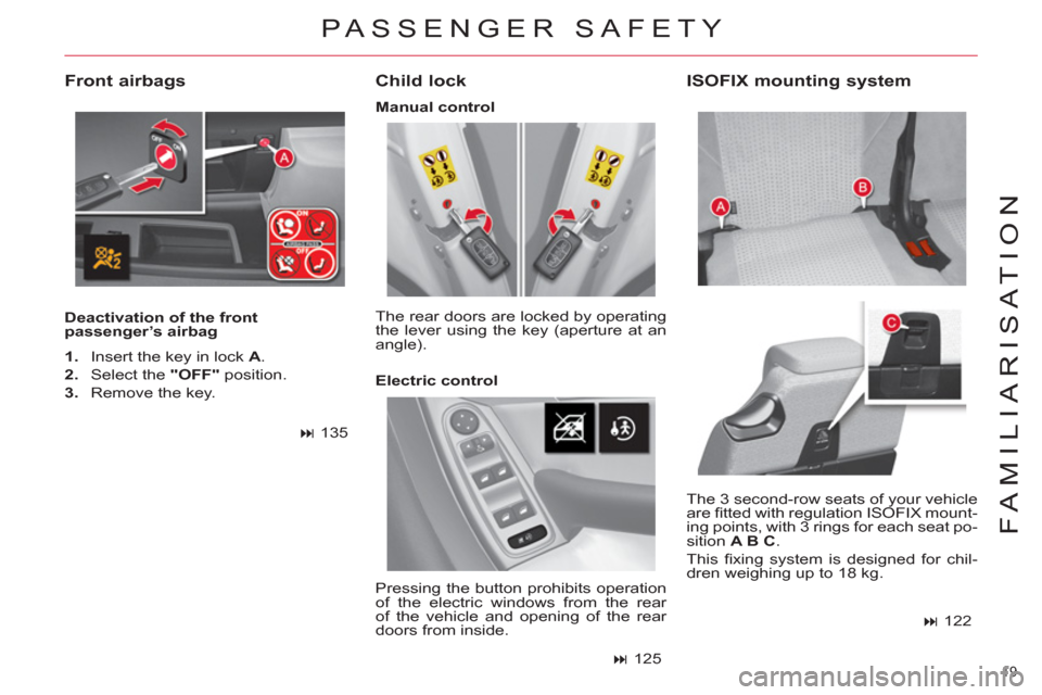 Citroen C4 PICASSO 2011.5 1.G Owners Guide 19 
FAMILIARISATION
   
Deactivation of the front 
passenger’s airbag  
 
 
Child lock 
 
The 3 second-row seats of your vehicle 
are ﬁ tted with regulation ISOFIX mount-
ing points, with 3 rings 